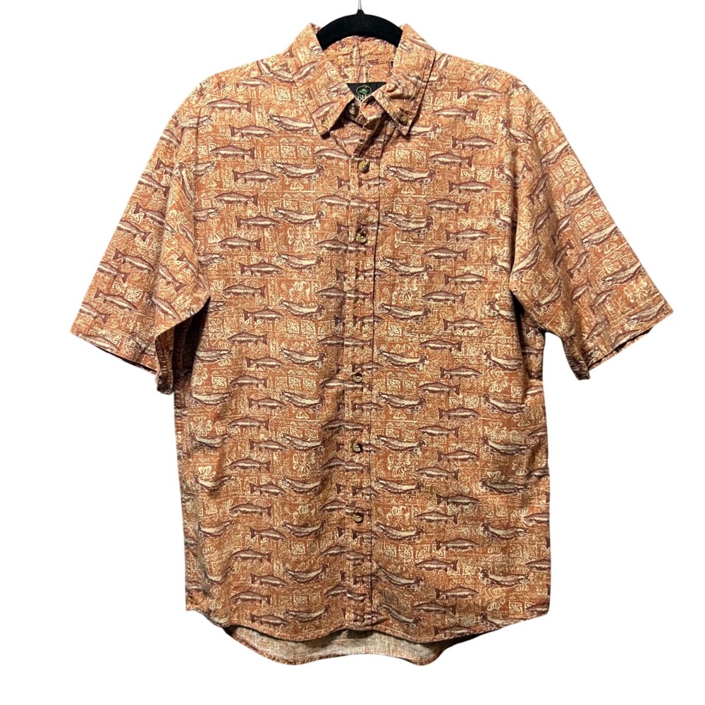 Red Head Mens Short‎ Sleeve Button Up Shirt Fish Print Trout Cotton Size M